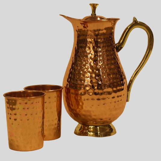 Pure Copper Jug with Lid – Hammered Mughal Design, Brass Handle (1.5 L) + 2 Cups image 0