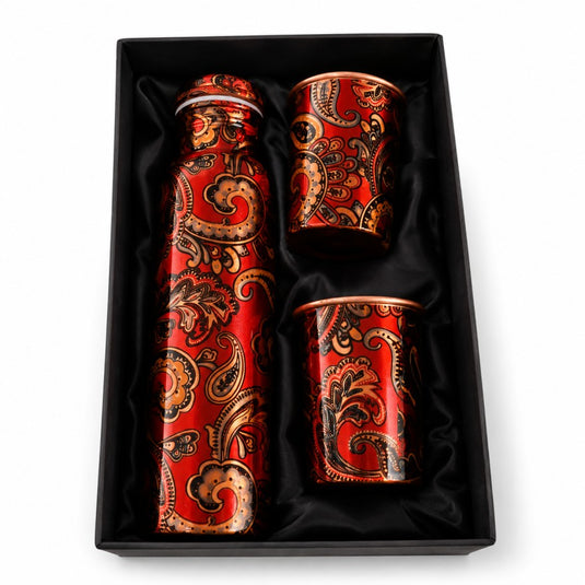Copper Bottle Gift Set- Red Print