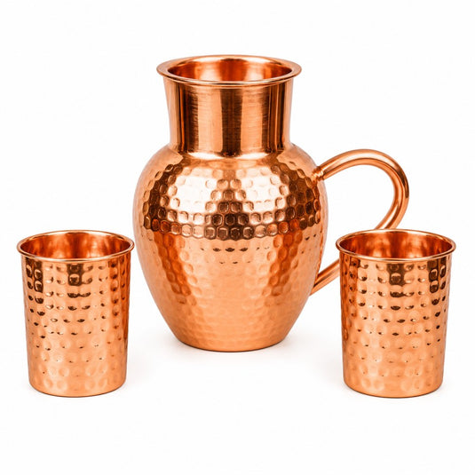 Copper Apple Jug with 2 Matching Hammered Cups