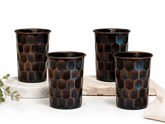 Set of 4 Diamond Antique Black Finish Copper Glass