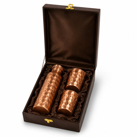 Copper Diamond Antique Water Bottle Gift Box – Velvet Gift Box with 1 Bottle & 2 Matching Copper Cups