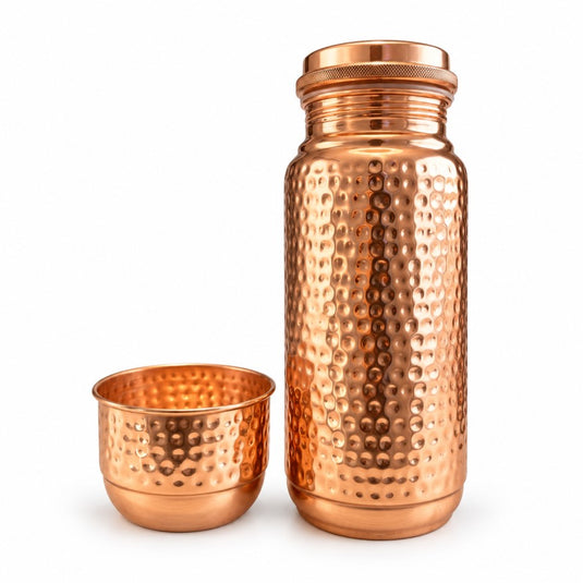 Copper Water Bottle 2 Litre Full Hammered Design with Cup Lid