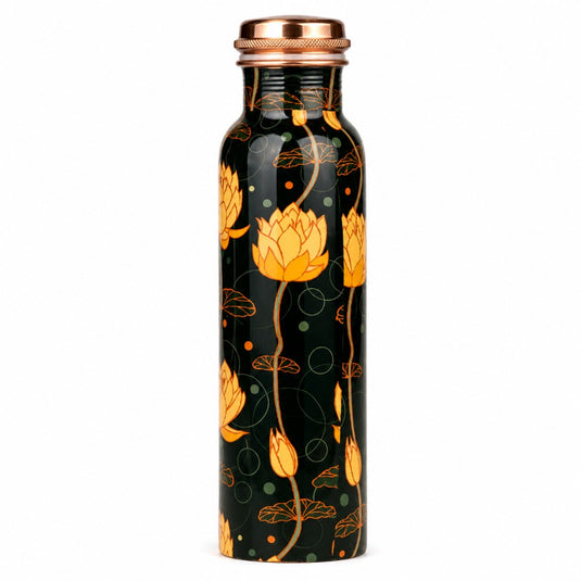 Black water bottle with orange floral design and copper cap on a white background