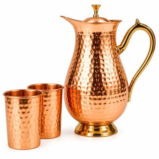 Pure Copper Jug with Lid – Hammered Mughal Design, Brass Handle (1.5 L) + 2 Cups