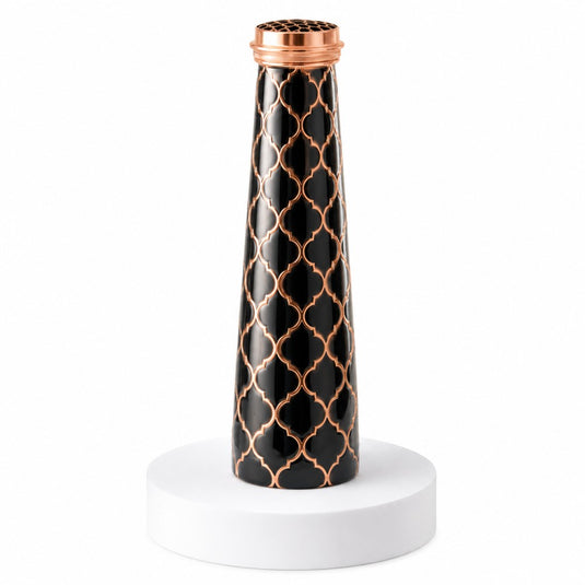 Black water bottle with rose gold geometric pattern on a white background