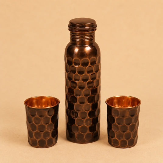 Diamond Antique Copper Bottle with 2 Matching Cups
