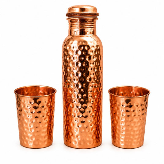 Set of One Hammered Copper Bottle and 2 matching Glasses