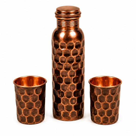 Copper Diamond Antique Water Bottle Gift Box – Velvet Gift Box with 1 Bottle & 2 Matching Copper Cups