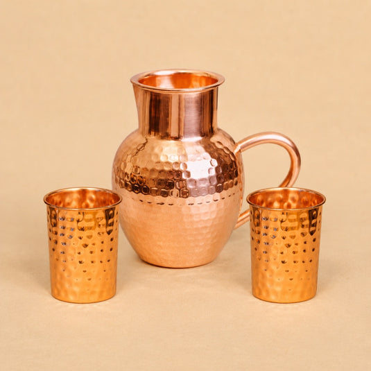 Copper Apple Jug with 2 Matching Hammered Cups