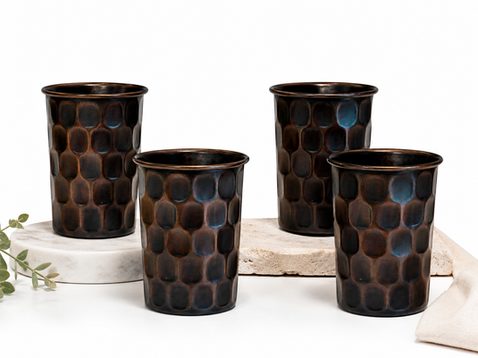 Set of 4 Diamond Antique Black Finish Copper Glass