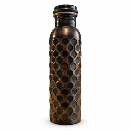 Copper Water Bottle Honeycomb Antique Black Finish - 950 ML
