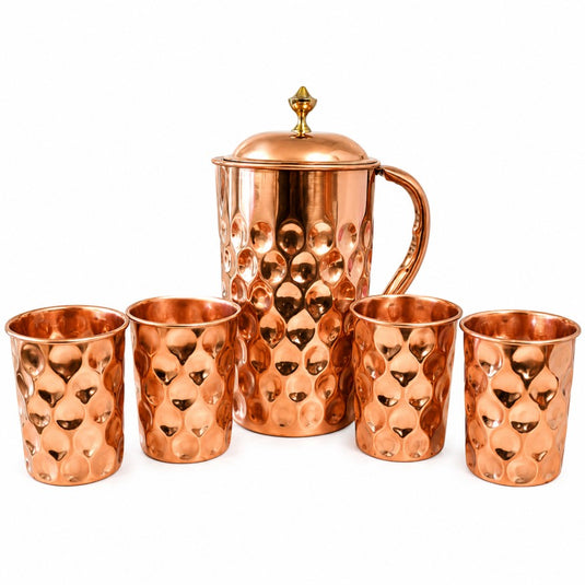 Set of Diamond Water Jug 1.5 litre and matching 4 copper glasses