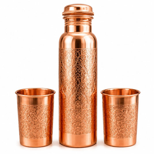 Set of One Embossed Copper Bottle and 2 matching Glasses