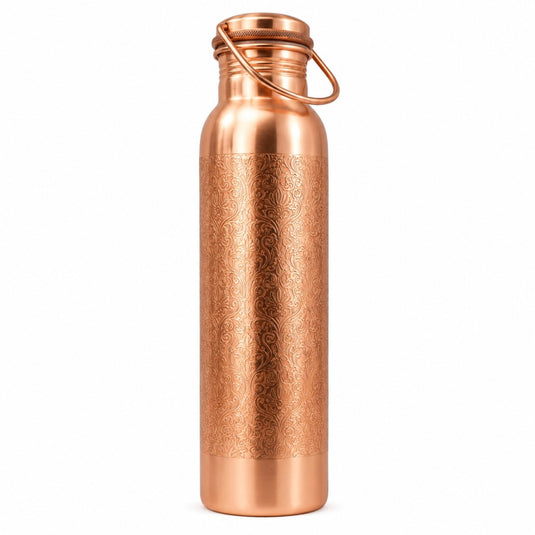 Copper water bottle with embossed design on a white background