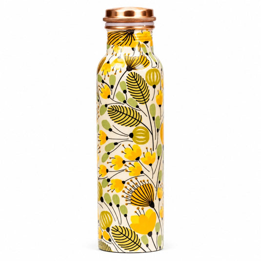 Floral-patterned water bottle with a copper cap on a white background