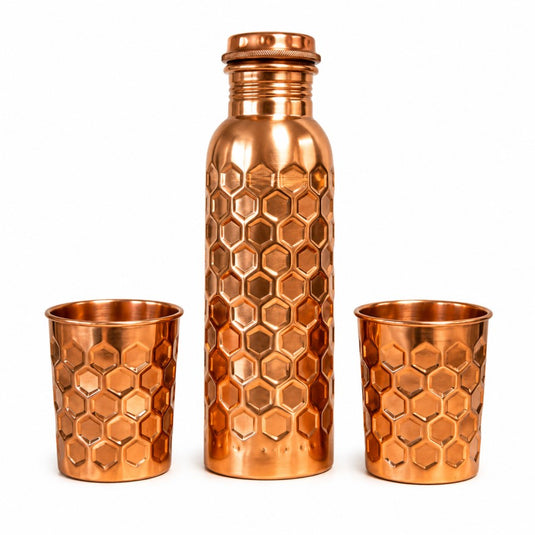 Honeycomb Diamond Copper Bottle with 2 Matching Cups