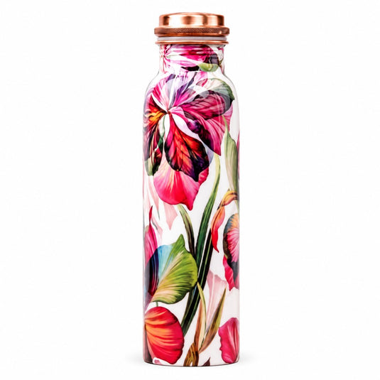 Floral-patterned water bottle with a copper cap on a white background