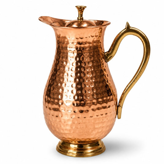 Pure Copper Jug with Lid – Hammered Mughal Design, Brass Handle (1.5 L)