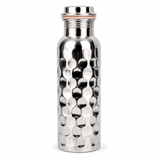 Silver hammered texture water bottle on a white background