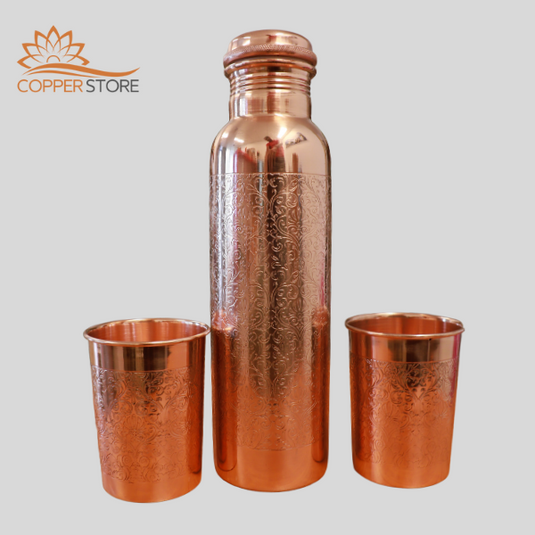 Set of One Embossed Copper Bottle and 2 matching Glasses image 0