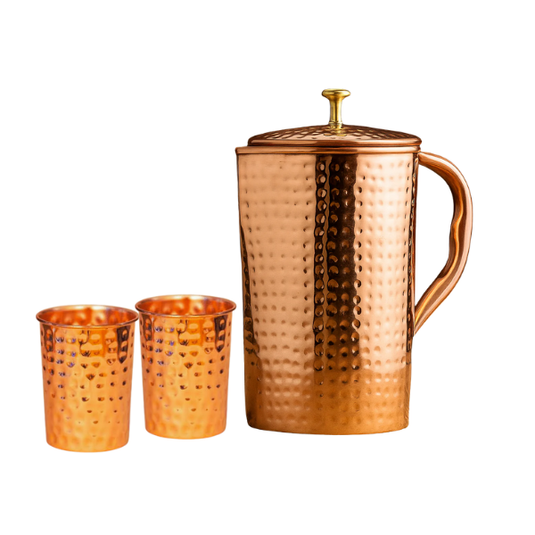 Copper Hammered Jug with Matching 2 cups Set image 0