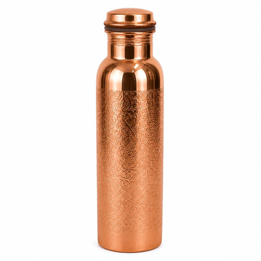 Copper water bottle with textured design on a white background