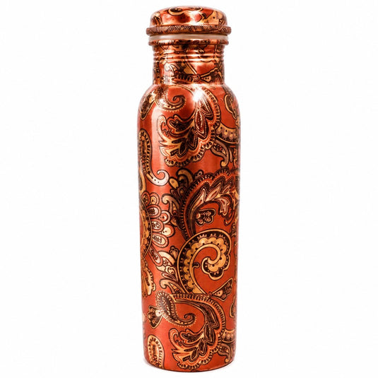 Decorative copper water bottle with intricate patterns on a white background